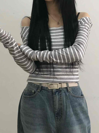 Semi-Sexy Slim Fit Striped Shoulder Cutout Long Sleeve T-shirt