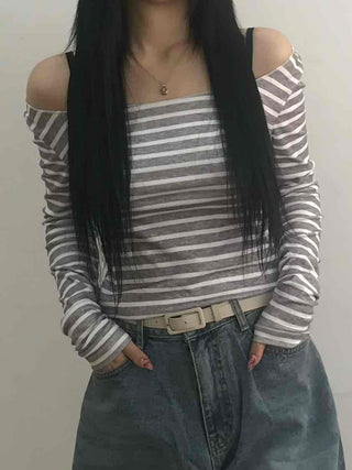 Semi-Sexy Slim Fit Striped Shoulder Cutout Long Sleeve T-shirt