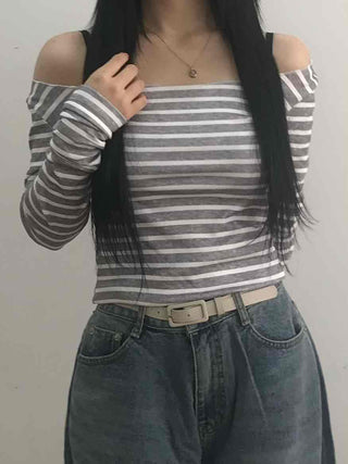 Semi-Sexy Slim Fit Striped Shoulder Cutout Long Sleeve T-shirt