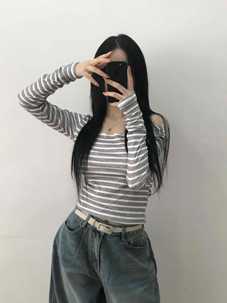 Semi-Sexy Slim Fit Striped Shoulder Cutout Long Sleeve T-shirt