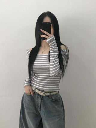 Semi-Sexy Slim Fit Striped Shoulder Cutout Long Sleeve T-shirt