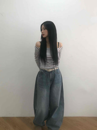 Semi-Sexy Slim Fit Striped Shoulder Cutout Long Sleeve T-shirt