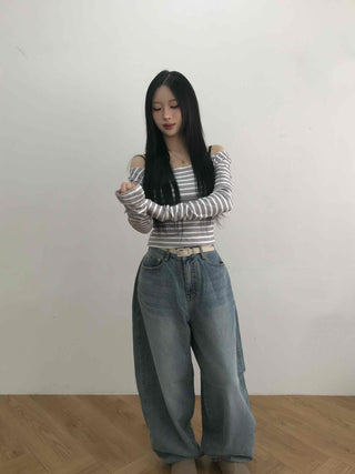 Semi-Sexy Slim Fit Striped Shoulder Cutout Long Sleeve T-shirt