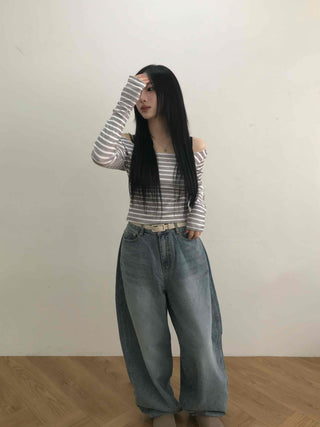 Semi-Sexy Slim Fit Striped Shoulder Cutout Long Sleeve T-shirt
