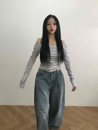 Semi-Sexy Slim Fit Striped Shoulder Cutout Long Sleeve T-shirt