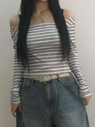 Semi-Sexy Slim Fit Striped Shoulder Cutout Long Sleeve T-shirt