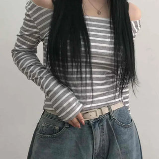 Semi-Sexy Slim Fit Striped Shoulder Cutout Long Sleeve T-shirt