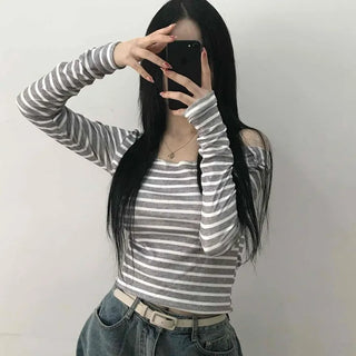 Semi-Sexy Slim Fit Striped Shoulder Cutout Long Sleeve T-shirt