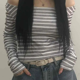 Semi-Sexy Slim Fit Striped Shoulder Cutout Long Sleeve T-shirt