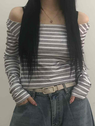 Semi-Sexy Slim Fit Striped Shoulder Cutout Long Sleeve T-shirt