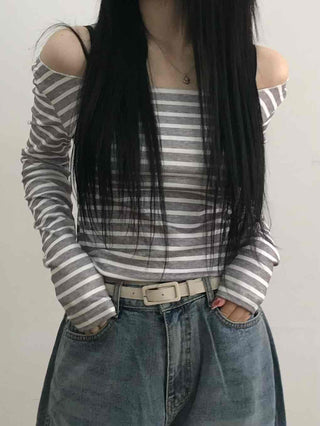 Semi-Sexy Slim Fit Striped Shoulder Cutout Long Sleeve T-shirt