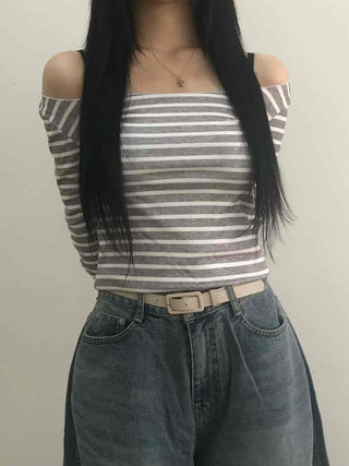 Semi-Sexy Slim Fit Striped Shoulder Cutout Long Sleeve T-shirt