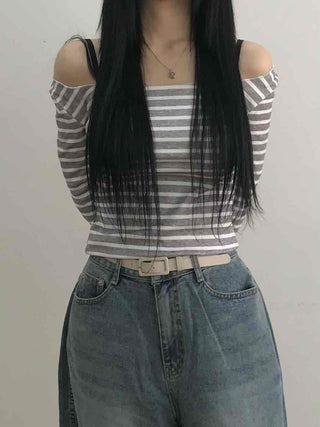 Semi-Sexy Slim Fit Striped Shoulder Cutout Long Sleeve T-shirt