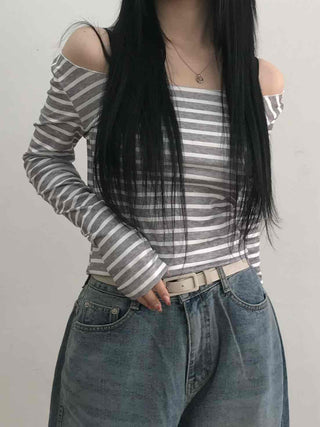 Semi-Sexy Slim Fit Striped Shoulder Cutout Long Sleeve T-shirt