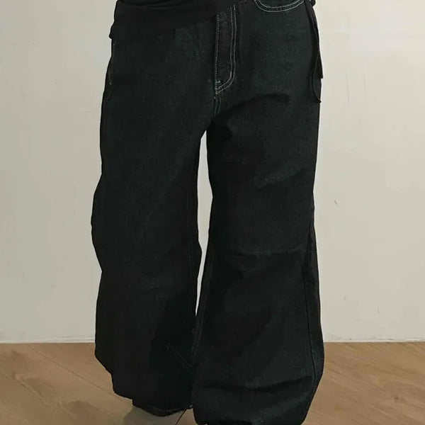 Vintage Washed Super Wide Rolled-Up Denim Pants