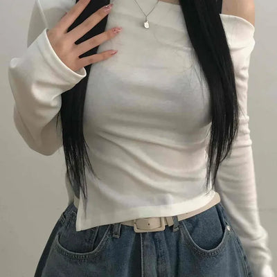 Modern Asymmetrical One-Shoulder Slim Cropped Long Sleeve T-shirt