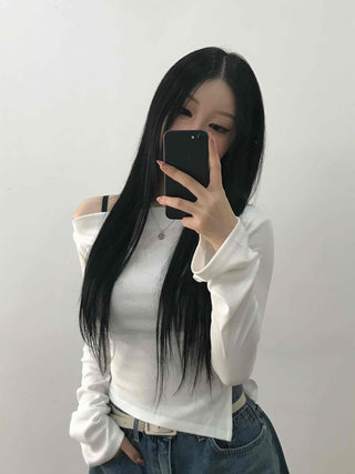 Modern Asymmetrical One-Shoulder Slim Cropped Long Sleeve T-shirt