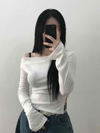 Modern Asymmetrical One-Shoulder Slim Cropped Long Sleeve T-shirt