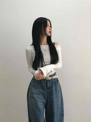Modern Asymmetrical One-Shoulder Slim Cropped Long Sleeve T-shirt