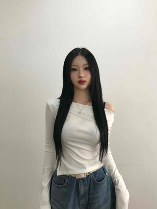 Modern Asymmetrical One-Shoulder Slim Cropped Long Sleeve T-shirt