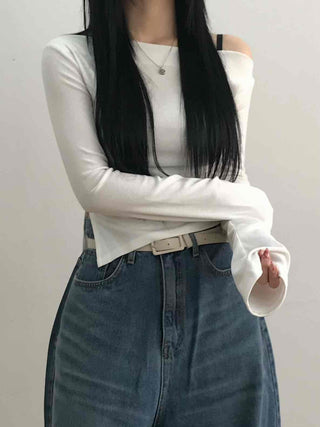 Modern Asymmetrical One-Shoulder Slim Cropped Long Sleeve T-shirt