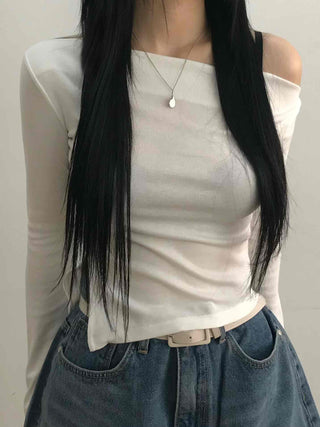 Modern Asymmetrical One-Shoulder Slim Cropped Long Sleeve T-shirt