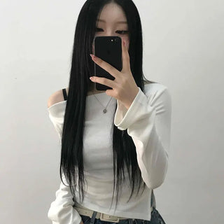 Modern Asymmetrical One-Shoulder Slim Cropped Long Sleeve T-shirt