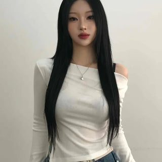Modern Asymmetrical One-Shoulder Slim Cropped Long Sleeve T-shirt