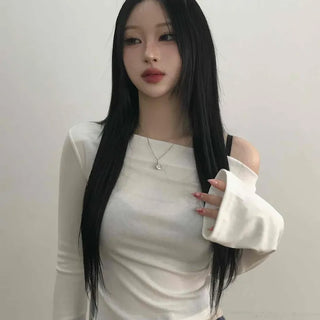 Modern Asymmetrical One-Shoulder Slim Cropped Long Sleeve T-shirt