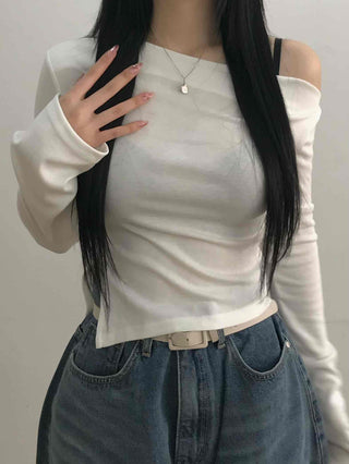 Modern Asymmetrical One-Shoulder Slim Cropped Long Sleeve T-shirt
