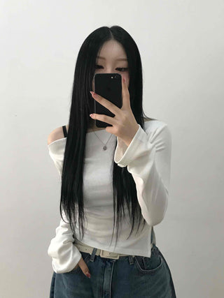 Modern Asymmetrical One-Shoulder Slim Cropped Long Sleeve T-shirt