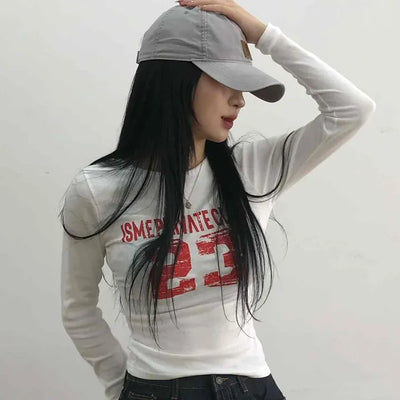 Vintage Lettering Numbering Slim Fit Long Sleeve T-shirt