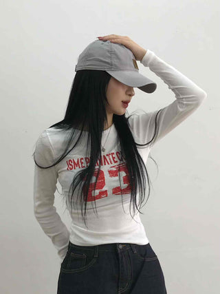 Vintage Lettering Numbering Slim Fit Long Sleeve T-shirt