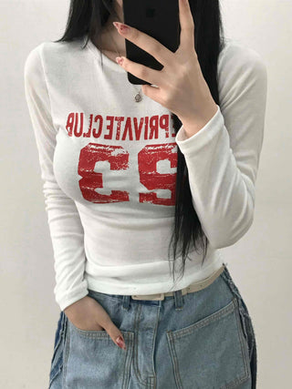 Vintage Lettering Numbering Slim Fit Long Sleeve T-shirt