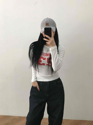Vintage Lettering Numbering Slim Fit Long Sleeve T-shirt
