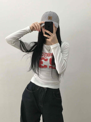 Vintage Lettering Numbering Slim Fit Long Sleeve T-shirt