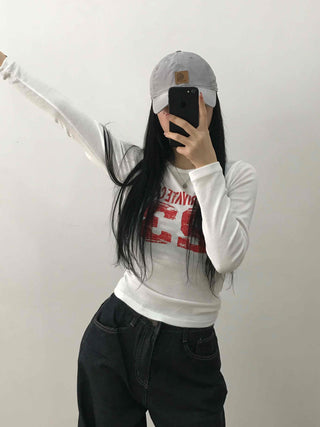 Vintage Lettering Numbering Slim Fit Long Sleeve T-shirt