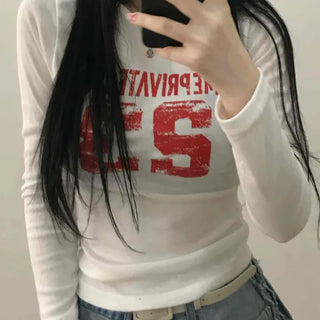 Vintage Lettering Numbering Slim Fit Long Sleeve T-shirt