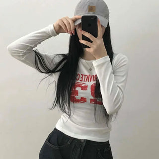 Vintage Lettering Numbering Slim Fit Long Sleeve T-shirt
