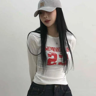 Vintage Lettering Numbering Slim Fit Long Sleeve T-shirt