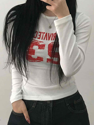 Vintage Lettering Numbering Slim Fit Long Sleeve T-shirt