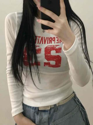 Vintage Lettering Numbering Slim Fit Long Sleeve T-shirt