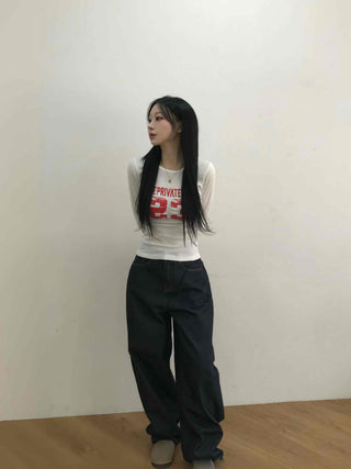 Vintage Lettering Numbering Slim Fit Long Sleeve T-shirt