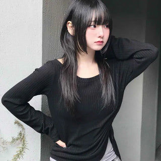 Ellis Off-shoulder Slim Fit Ribbed Long Sleeve T-shirt