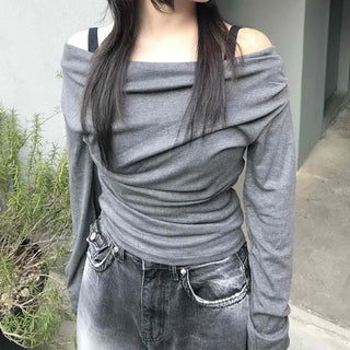 Drape Slouch Off-Shoulder Slim Fit Long Sleeve Tee