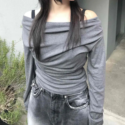 Drape Slouch Off-Shoulder Slim Fit Long Sleeve Tee