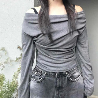 Drape Slouch Off-Shoulder Slim Fit Long Sleeve Tee