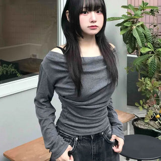 Drape Slouch Off-Shoulder Slim Fit Long Sleeve Tee