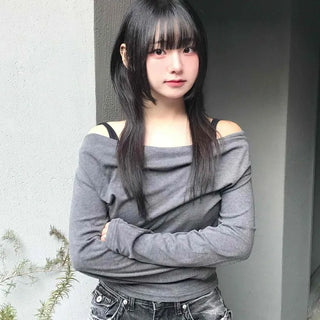 Drape Slouch Off-Shoulder Slim Fit Long Sleeve Tee