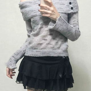 Delicate Fit Off-Shoulder Ribbed Knit with Button Details